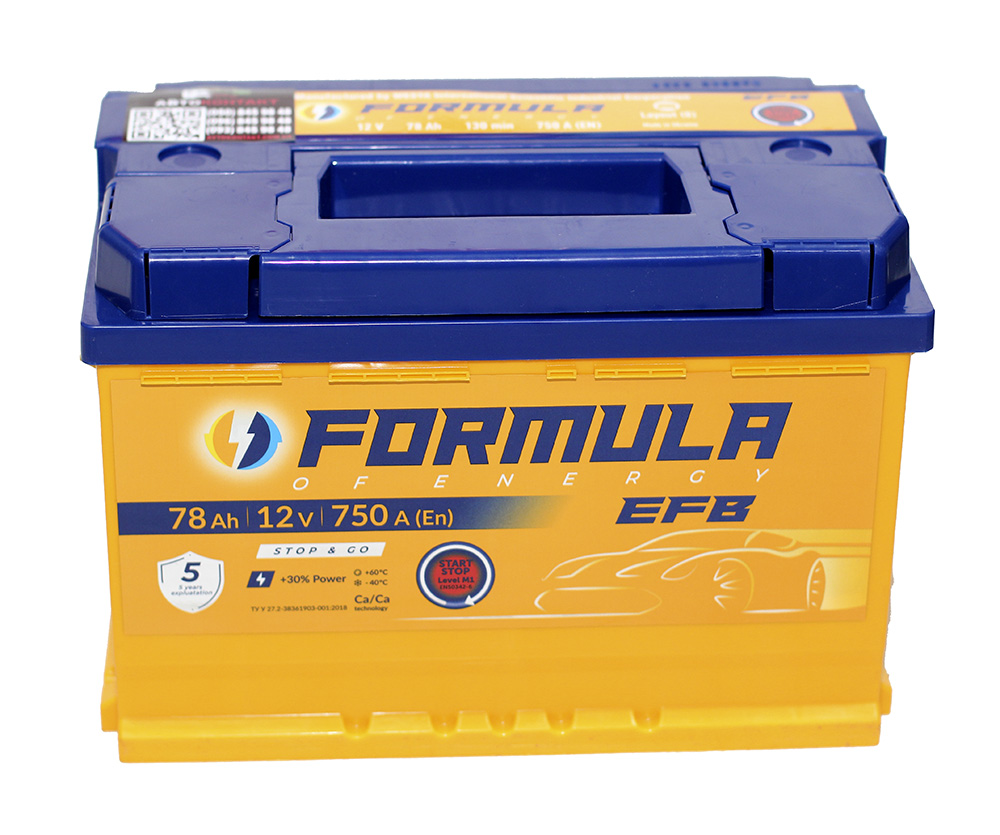 Акумулятор легковий Formula of energy EFB 6СТ-78(0), 12B, 78Ah, 750A, плюс праворуч (R+) 278x175x190мм (FEFB078E0)